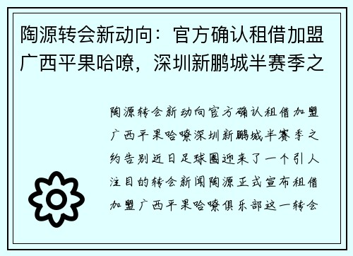 陶源转会新动向：官方确认租借加盟广西平果哈嘹，深圳新鹏城半赛季之约告别